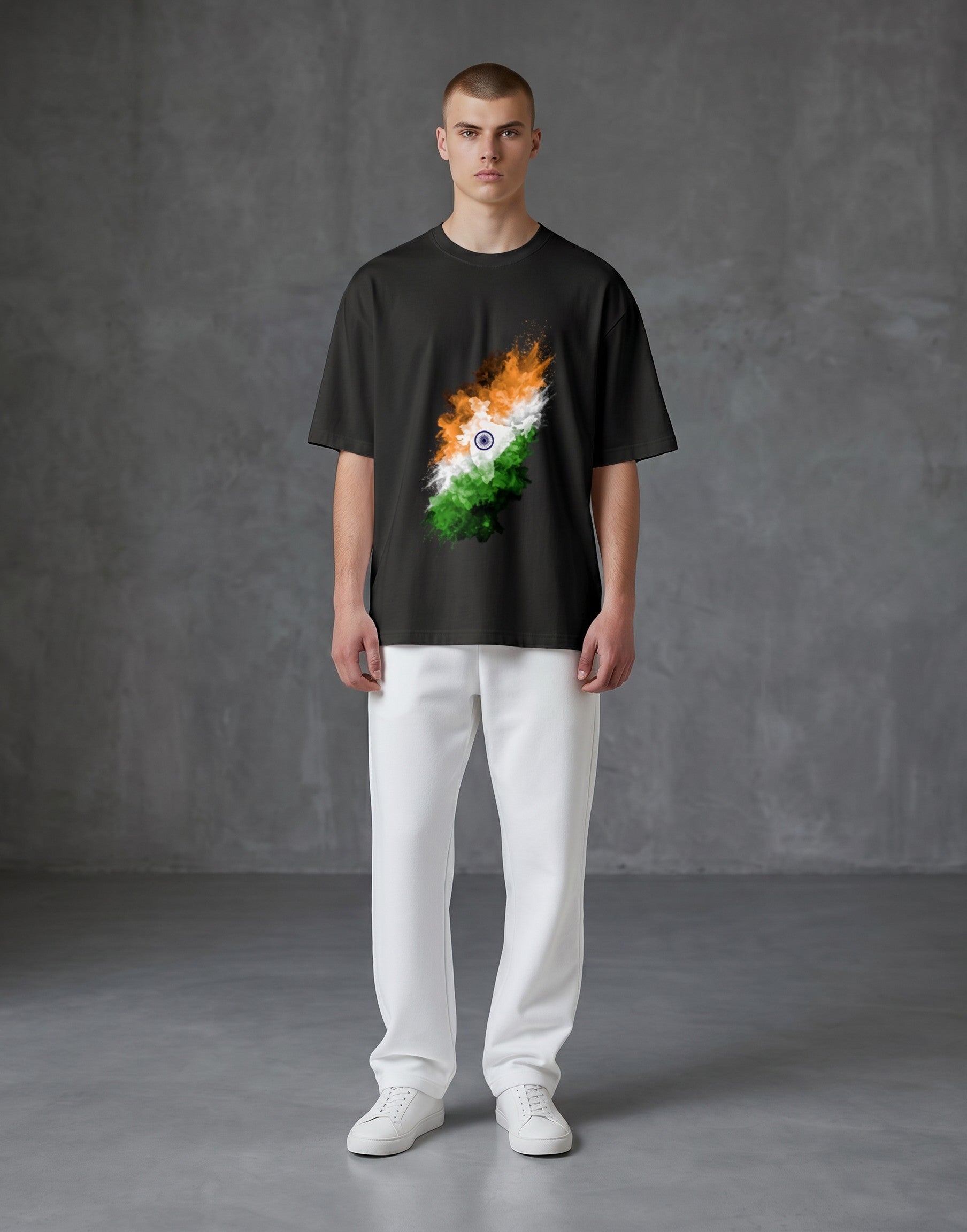 A&G black 100% cotton oversized t-shirt with a vibrant abstract print of the Indian flag.
