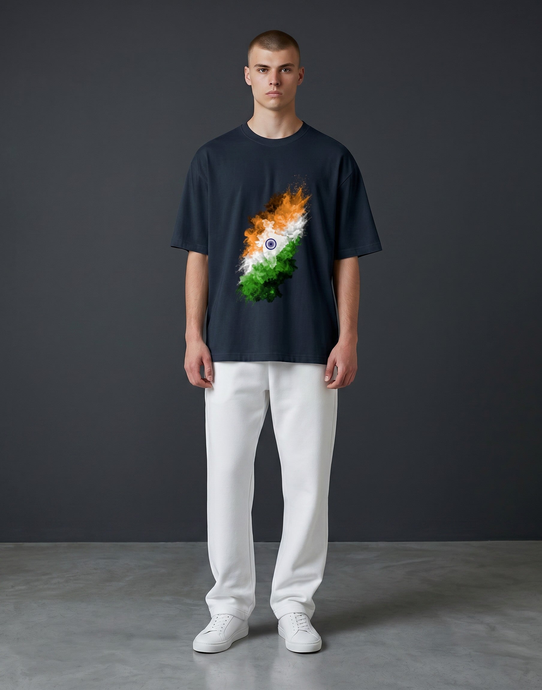 A&G unisex oversized navy blue 100% cotton t-shirt with a vibrant abstract print of the Indian flag.