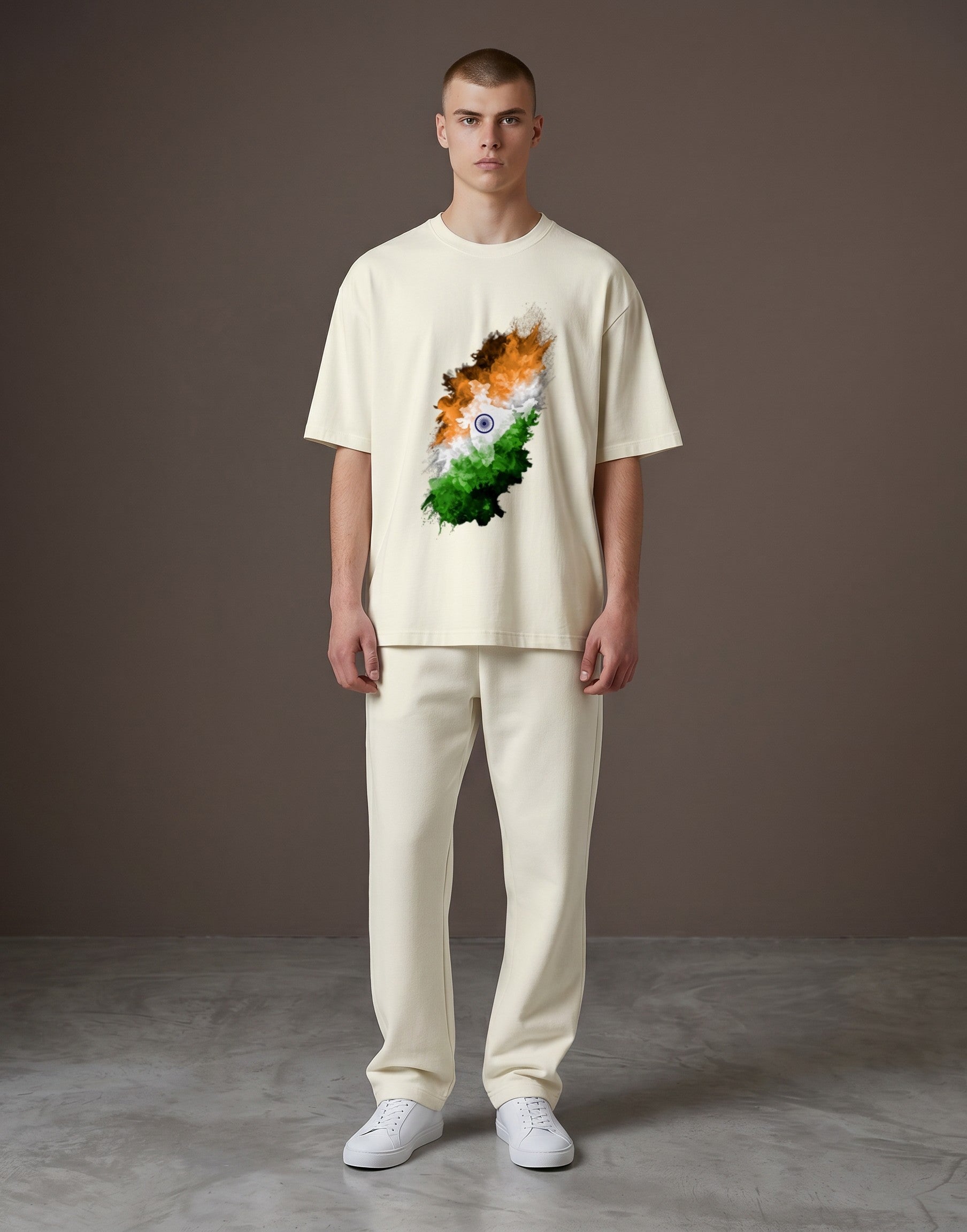 A&G unisex oversized classic t-shirt in cream, 100% cotton, featuring a vibrant abstract print of the Indian flag.