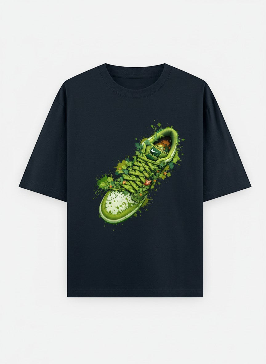A&G unisex oversized navy blue t-shirt with a graphic print of a green sneaker splattered with paint.