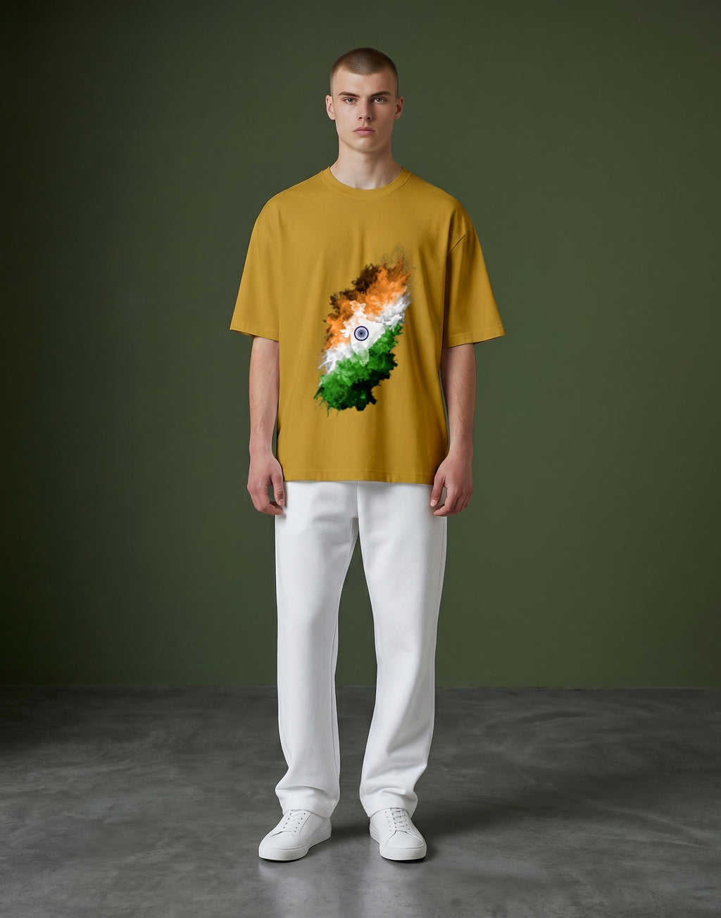 A&G unisex oversized t-shirt in mustard yellow, made of 100% cotton, featuring a graphic print of India's map in the national flag colors.