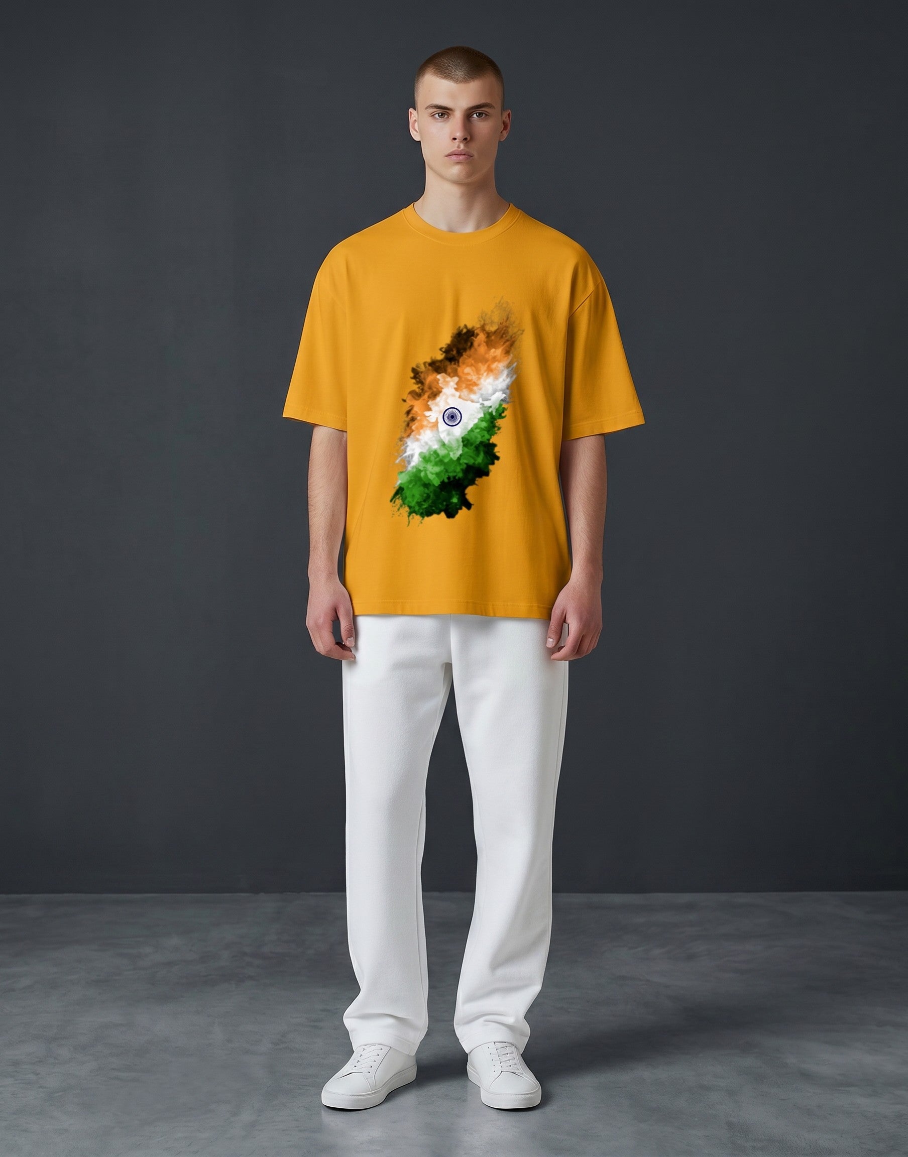 A&G unisex oversized t-shirt in mustard yellow, featuring a graphic print of India's map in tri-color smoke.