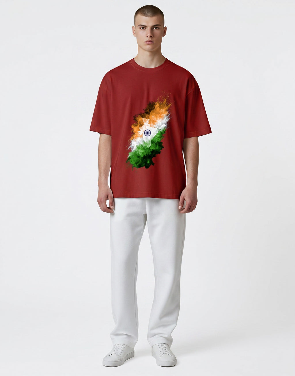 A&G unisex oversized red cotton t-shirt with a vibrant India flag map graphic print on the chest.