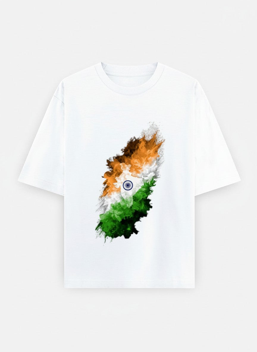 A&G white unisex oversized t-shirt with a graphic print of the Indian flag in a watercolor splash effect.