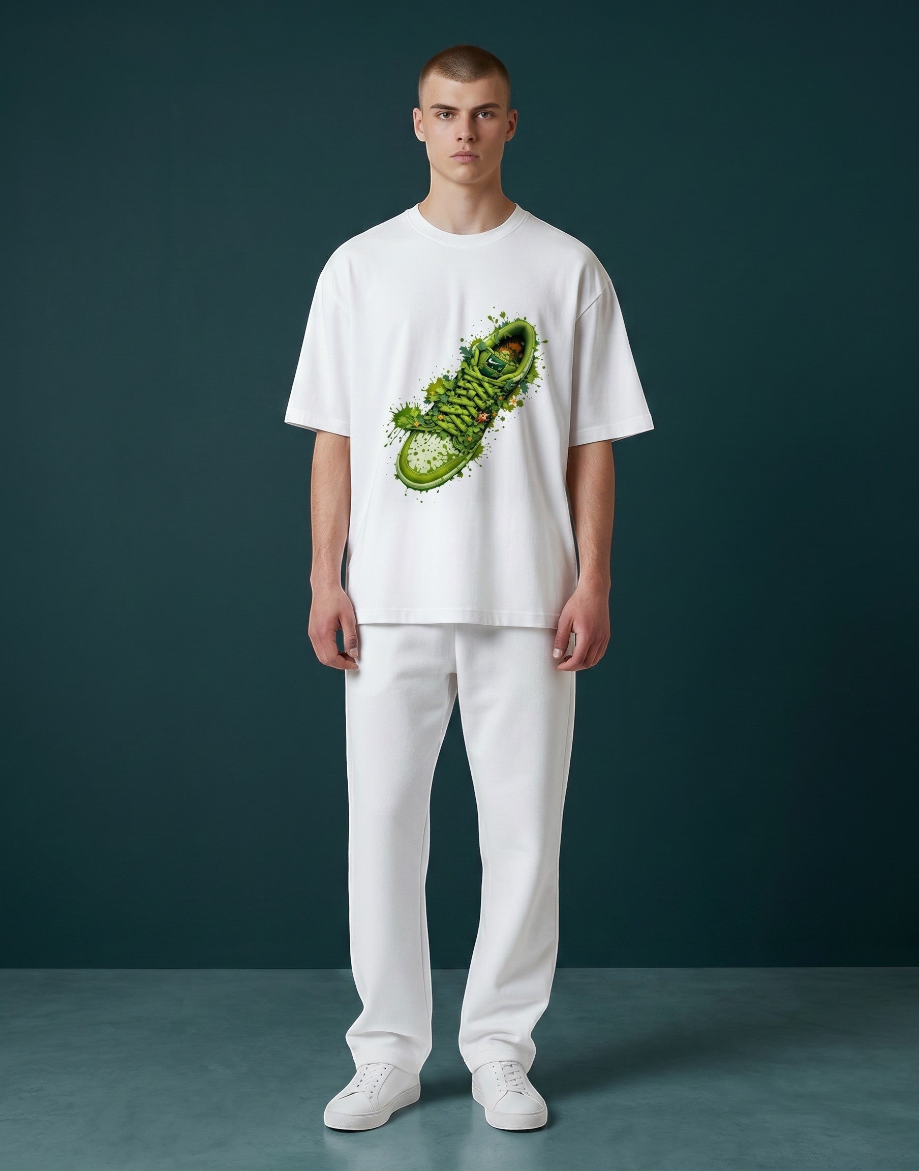 A&G white 100% cotton oversized t-shirt with a vibrant green sneaker graphic featuring paint splatters.