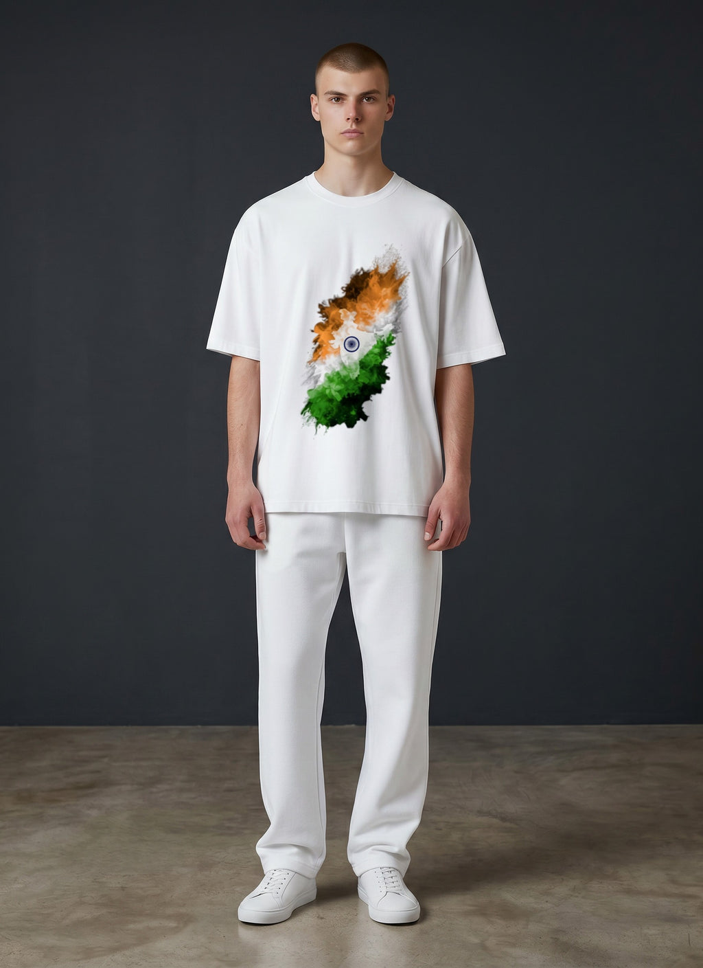 A&G white 100% cotton oversized t-shirt with a graphic print of the Indian flag in a watercolor splash effect.