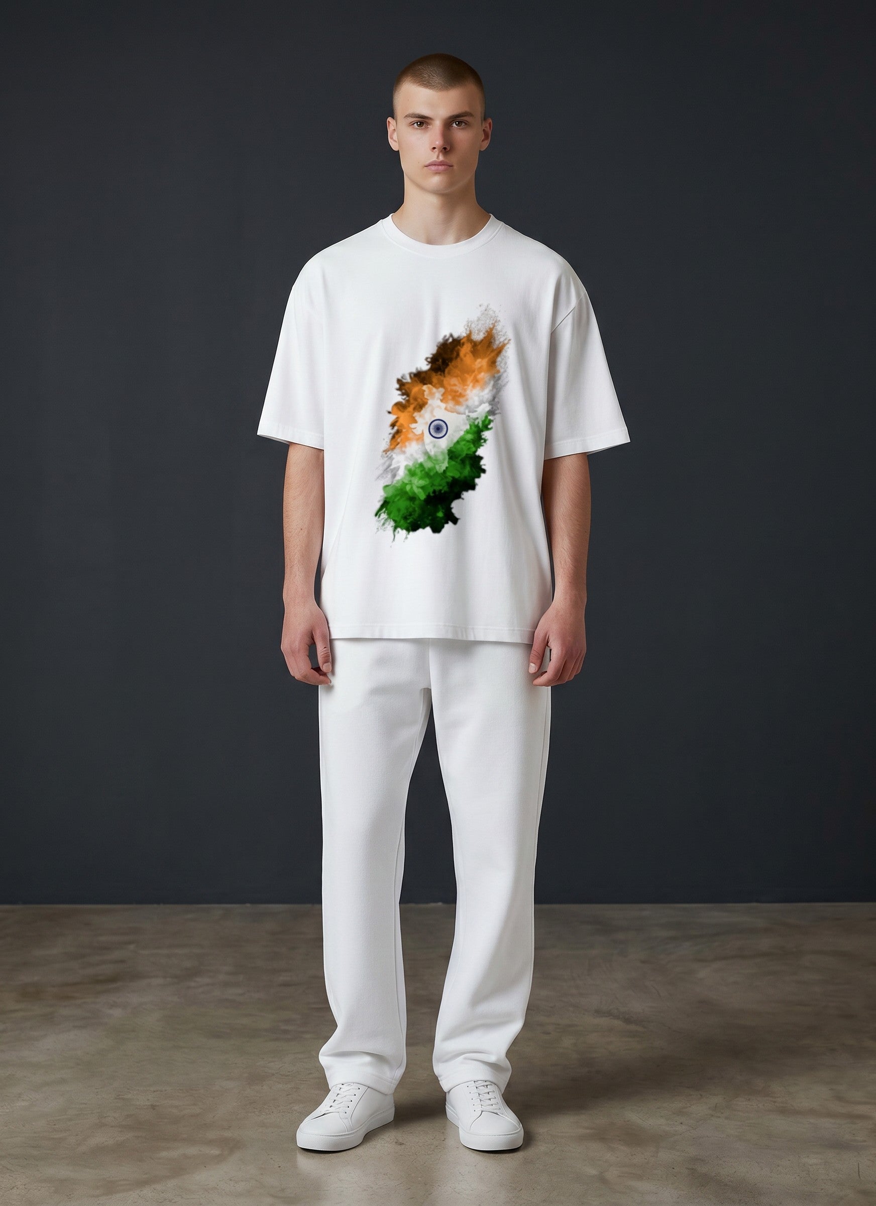 A&G white 100% cotton oversized t-shirt with a graphic print of the Indian flag in a watercolor splash effect.