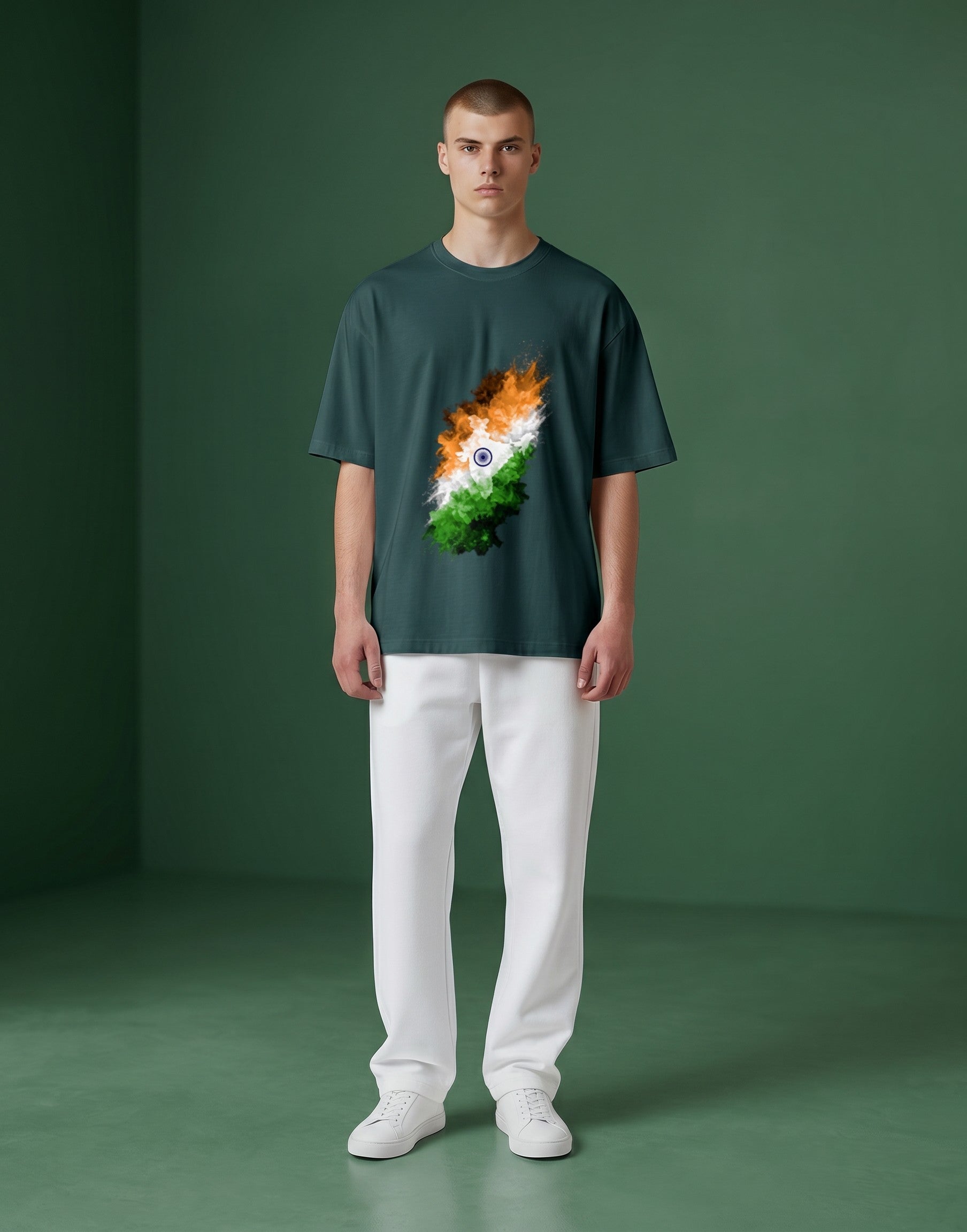 A&G unisex oversized t-shirt in dark teal, 100% cotton, featuring a vibrant abstract splash print of the Indian flag.