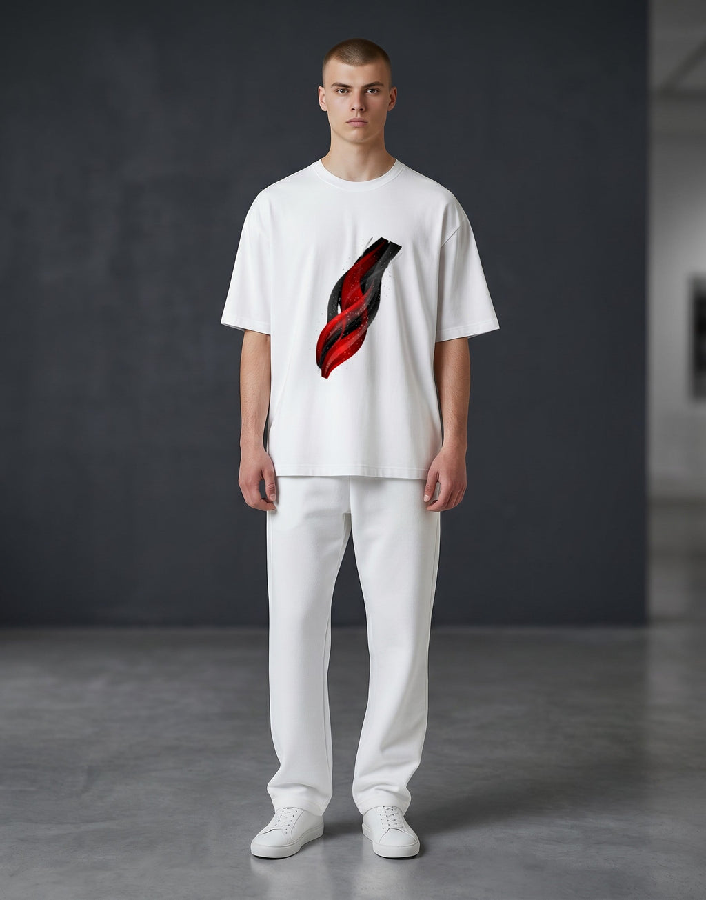 A&G white unisex t-shirt with a red and black abstract graphic print. Poly-cotton blend, 180 GSM, silicon-washed for softness.