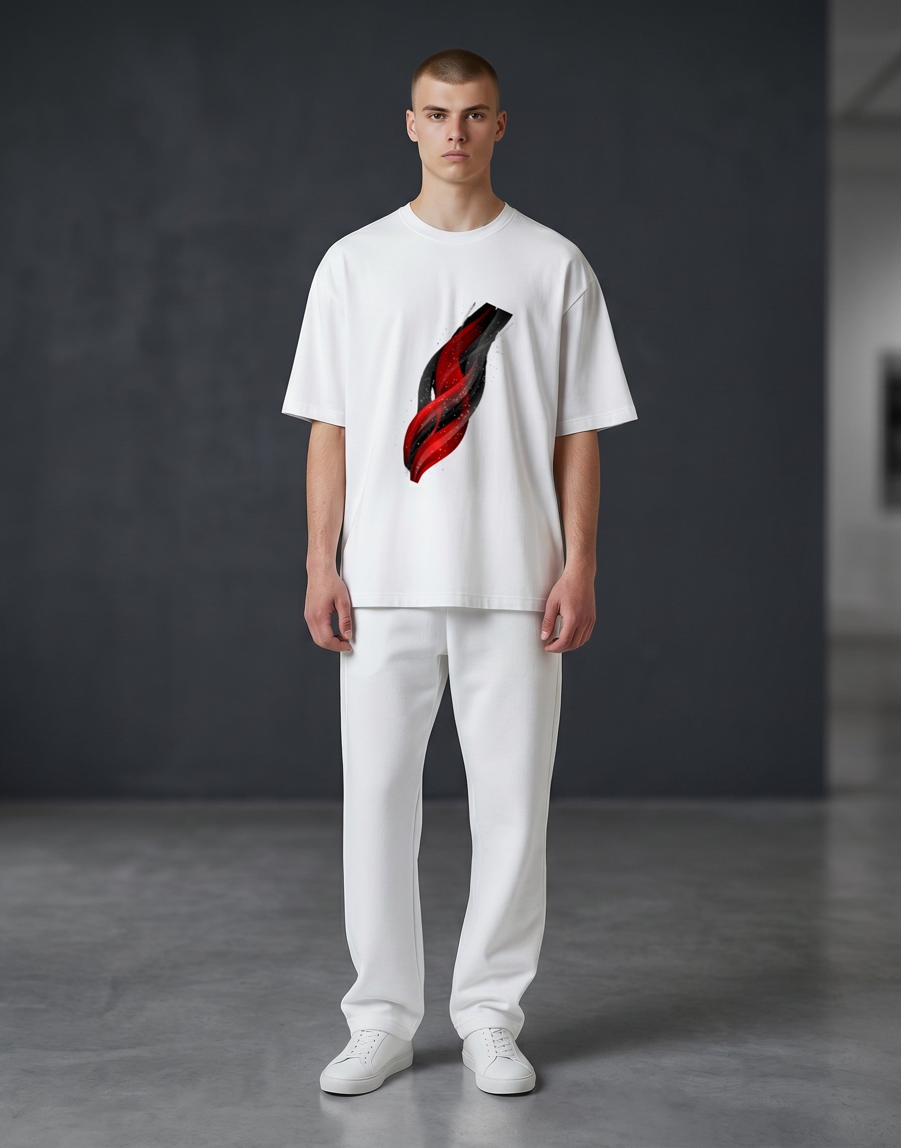 A&G white unisex t-shirt with a red and black abstract graphic print. Poly-cotton blend, 180 GSM, silicon-washed for softness.
